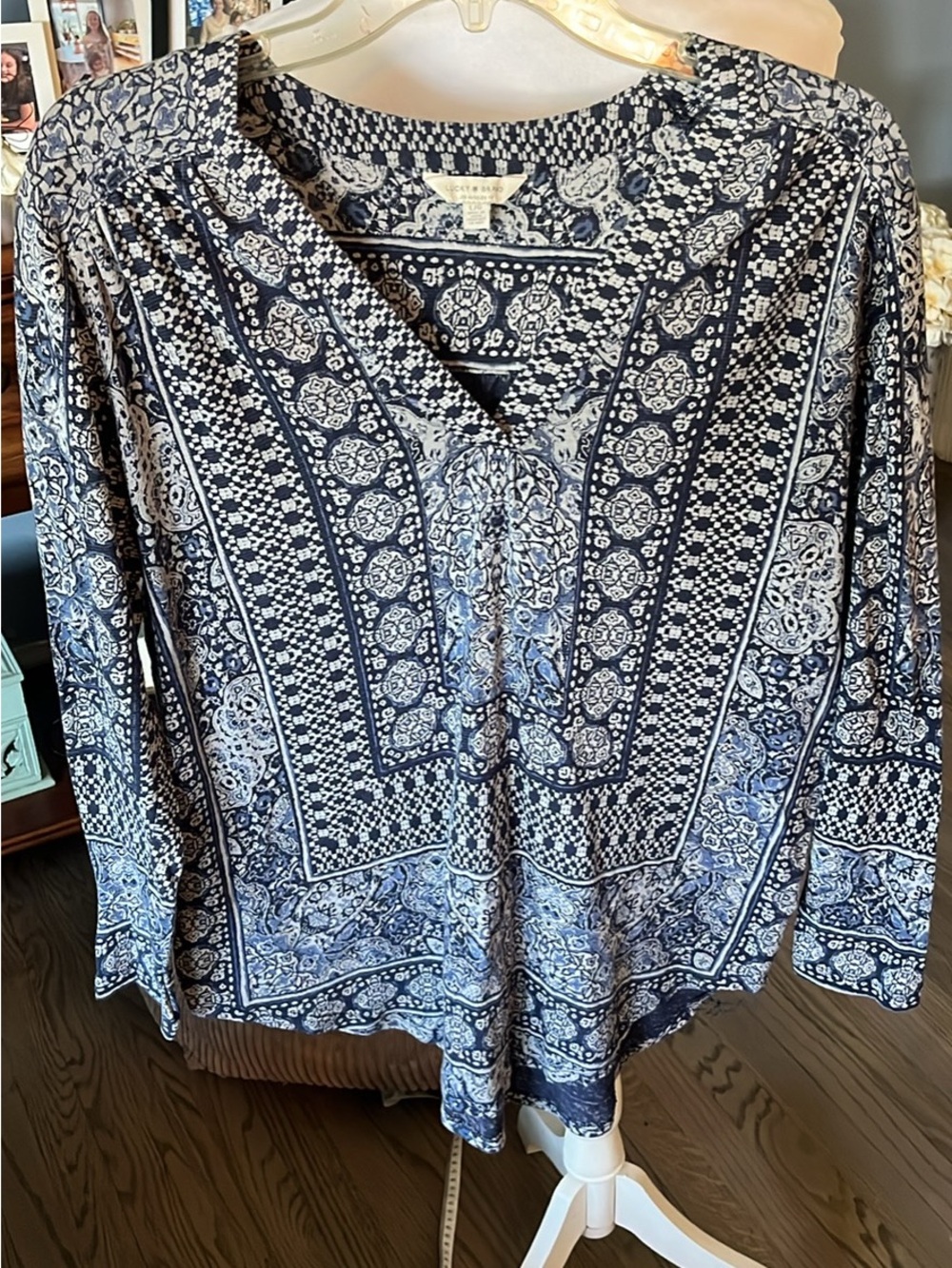 Lucky Brand Navy and White Paisley V-Neck Long-Sleeve Blouse